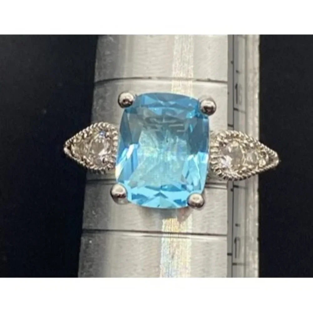 Emerald Cut Lab Blue Topaz Ring CZ Accents Size 5.75 3.4 grams Silver Plated - Picture 1 of 8